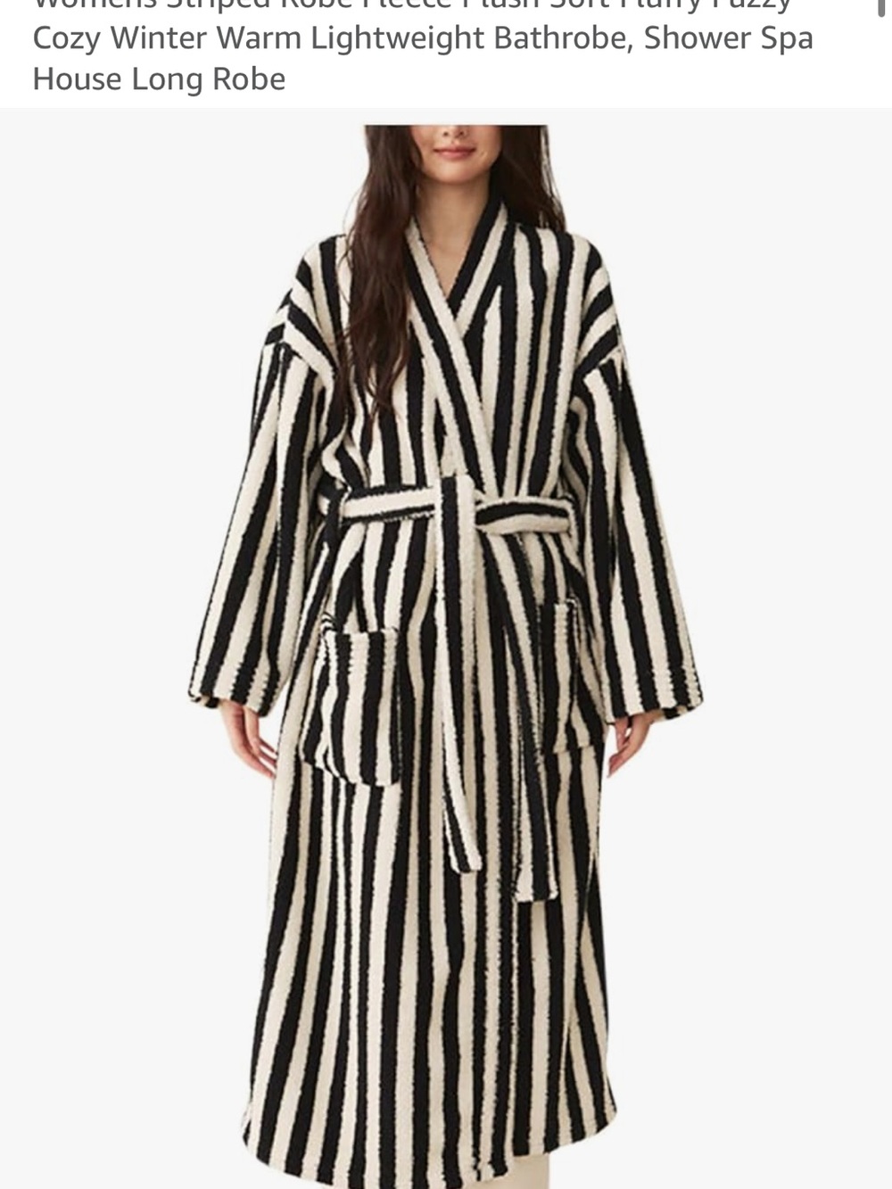 Plush Striped Long Robe - Black & Cream
